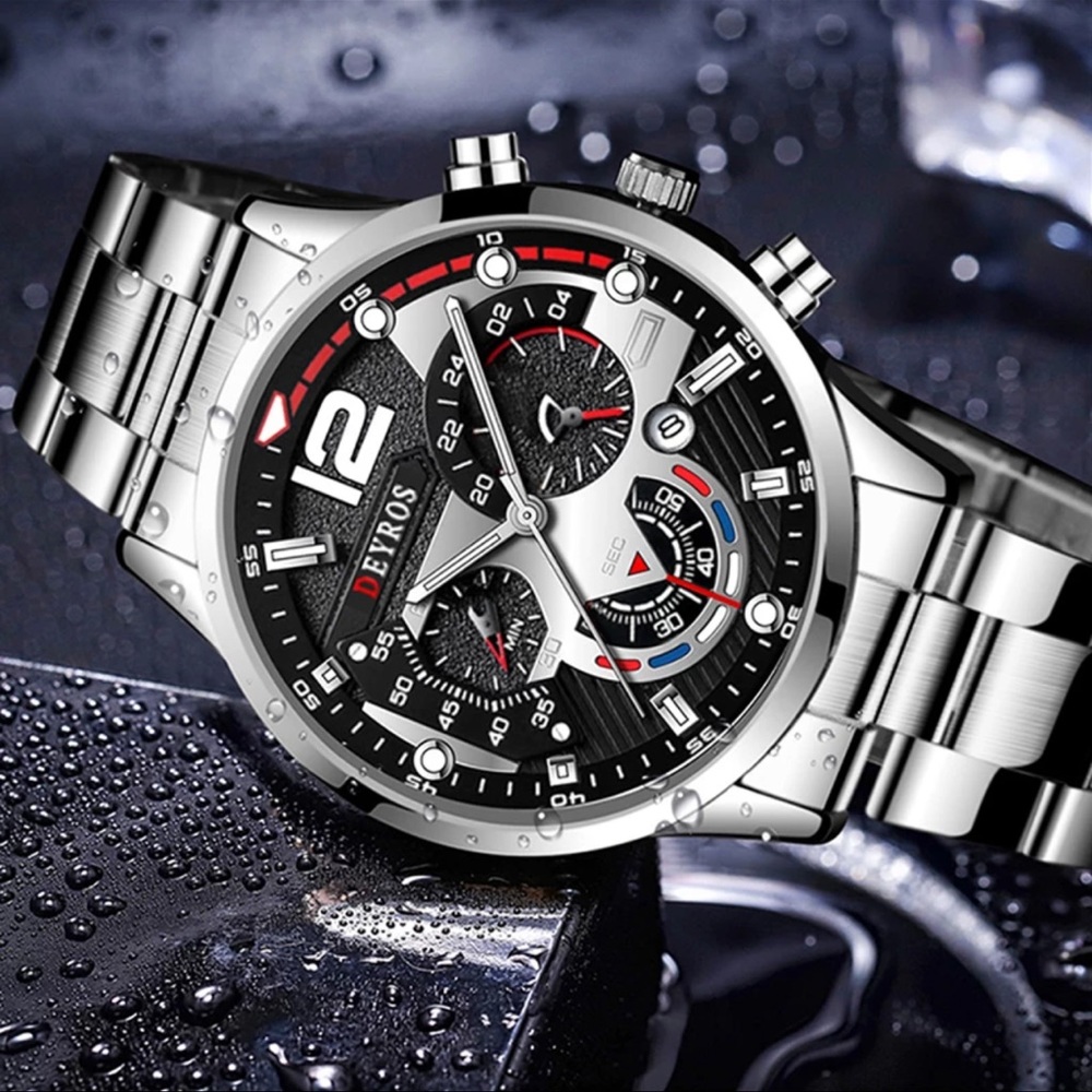 New Silver Chronograph Mens Sport Quartz Waterproof Luxury Stainless Steel Watch - Picture 3 of 13